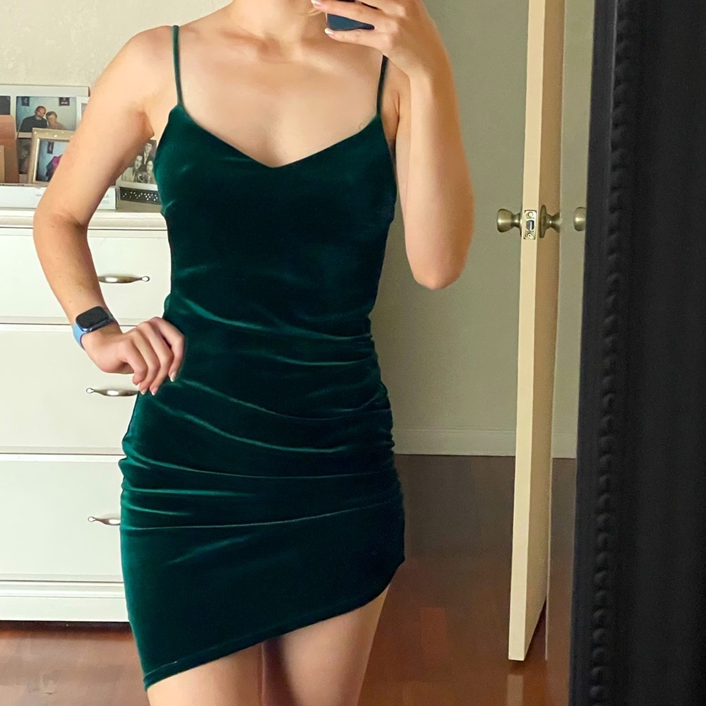 Velvet green asymmetrical hem mini dress